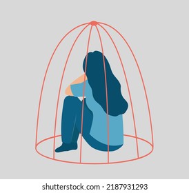 Sad woman locked inside a cage. Influence of drug addiction on mental health. Prisoner girl suffers from Inequality. Concept of restrictions on human rights or freedoms in society. Women's empowerment