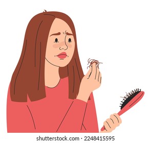 Sad woman looking at hairbrush with strands of hair vector isolated. Hair loss, alopecia, baldness. Girl in stress, problem with health.