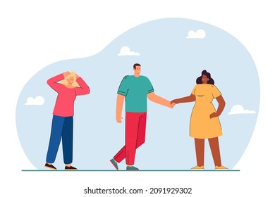 Sad woman looking at happy couple holding each others hands. People in love triangle flat vector illustration. Relationship, jealousy, love concept for banner, website design or landing web page