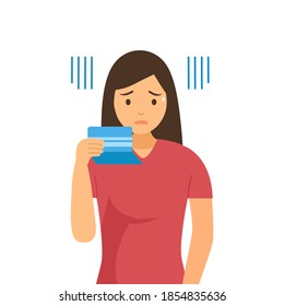Sad woman looking at her bank account in flat design. Not enough money. Poor finance concept vector illustration on white background.