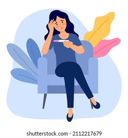 Sad woman looking at pregnancy test and worrying about positive result in flat design. You are pregnant concept vector illustration.