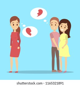 Sad woman looking at romantic couple. Jealousy and envy. Unrequited love. Flat vector illustration