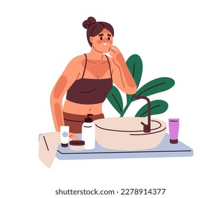 Sad woman looking at skin sunburns. Reddish spotted burns on body and face of upset sunbathed person. Unhappy suntanned girl, sun burns. Flat graphic vector illustration isolated on white background