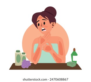 Sad woman looking at skin sunburns. Reddish spotted burns on body and face of upset sunbathed person. Unhappy suntanned girl, sun burns. Flat graphic vector illustration isolated on white background