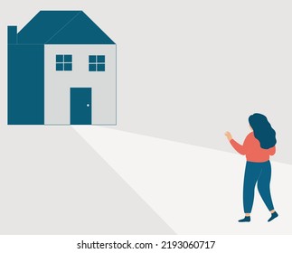 Sad woman looks at her house and can't reach it. Teen girl unhappy going to an orphanage. Child victim of her parents divorce wants to go back to her home. Homeless and domestic abuse concept. Vector