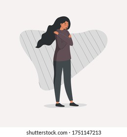 A sad woman with loose hair runs away from the problems in her life. The depressed man withdrew into himself, hugging his shoulders. The concept of depression, apathy, procrastination. 