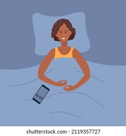 Sad woman lying in bed with eyes open at night. Woman cannot sleep. Insomnia and tired, sleeplessness and thinking. Character who cant sleep, depressed person. Vector illustration in Flat style