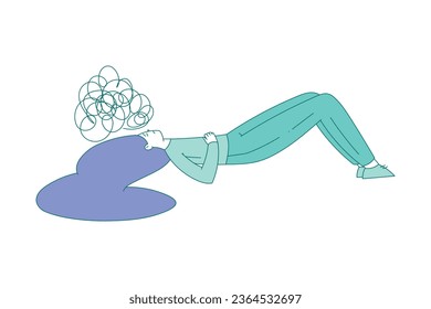 Sad Woman Lying with Clutter or Tangled Skein Suffer from Psychic Illness Vector Illustration