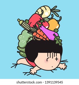 Sad Woman Lying Under A Pile Of Veggies Concept Card Character illustration