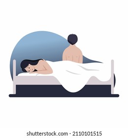 Sad woman and man are lying in bed.  Sexual dysfunction. Impotence and man health.