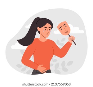 Sad woman with mask. Girl pretends, fake emotions. Young character crying, stress and panic. Internal problems and mental health. Depression and frustration. Cartoon flat vector illustration