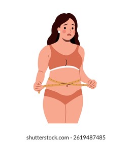 Sad woman measures her waist with a centimeter tape.Vector flat cartoon illustration