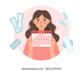 Mujer triste con un calendario menstrual en sus manos. Salud y medicina. Ilustración, vector