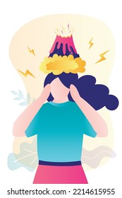 Sad Woman With Mental Problems. Volcano Eruption On Head. Negative Emotions. Anger, Irritation, Outrage Girl. Mental Tension, Experiencing Stress, Panic Attack, Hysteric Behavior. Vector Illustration