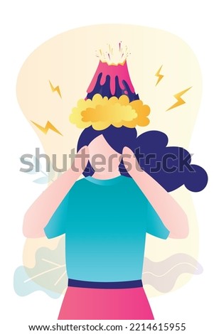 Sad woman with mental problems. Volcano eruption on head. Negative emotions. Anger, irritation, outrage girl. Mental tension, experiencing stress, panic attack, hysteric behavior. vector illustration