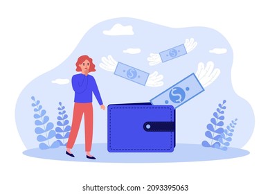 Sad woman with money flying away from wallet. Tiny person under stress from losing money flat vector illustration. Bankruptcy, financial crisis concept for banner, website design or landing web page