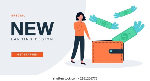 Sad woman with money flying away from wallet. Tiny person under stress from losing money flat vector illustration. Bankruptcy, financial crisis concept for banner, website design or landing web page