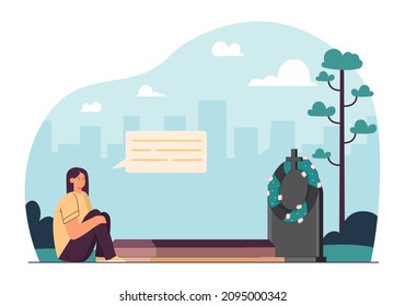 Sad Woman Mourning Family Loss On Cemetery. Crying Girl Sitting Alone Near Grave In Graveyard Flat Vector Illustration. Death, Memory, Funeral Concept For Banner, Website Design Or Landing Web Page