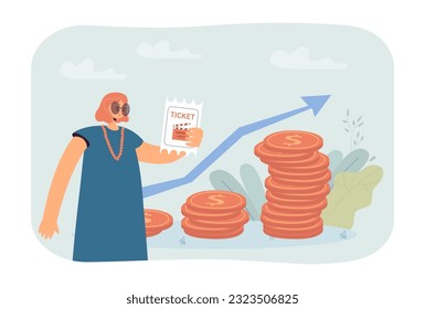 Mujer triste con boleto de película a alto precio ilustrativo vectorial. Dibujo de dibujos animados de niñas y crecientes pilas de monedas, aumento de precios en películas en cine. Cine, inflación, concepto de economía