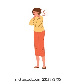 Sad woman with neck pain flat style, vector illustration isolated on white background. Posture problems, health and medicine, decorative design element, emotional character