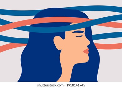 La mujer triste con problemas nerviosos siente ansiedad y pensamientos confusos. Enfermedad mental y trastorno bipolar. La adolescente tiene dificultades de memoria. Ilustración del vector