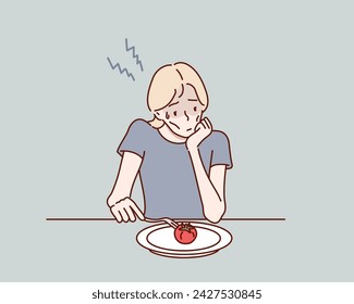 Una mujer triste sin hambre. Anorexia, bulemia. La mujer se niega a comer. Riesgo de dieta. Ilustraciones de diseño vectorial de estilo dibujado a mano.