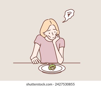 A sad woman not hungry. Anorexia, bulemia.The woman refusing to eat. Diet risk. Hand drawn style vector design illustrations.