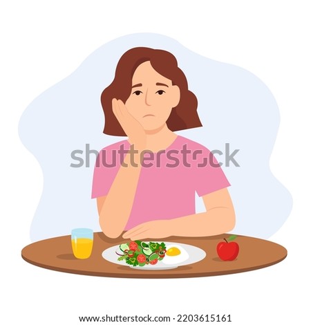 A sad woman not hungry. Anorexia, bulemia.The woman refusing to eat.  Diet risk. Vector flat illustraton. Imagine de stoc © 