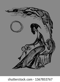 Sad woman in an old-fashioned dress on a park bench. Hand-drawn graphic vector illustration on gray background.