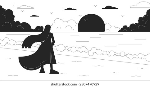Sad woman on beach enjoying sunset black and white lo fi chill wallpaper. Lonely girl watching sea waves 2D vector cartoon character illustration, minimalism background. 80s retro album art, line art