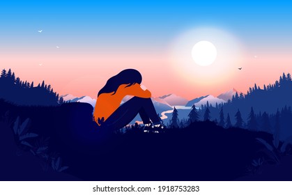 Mujer triste al aire libre - Niña de duelo sentada con la cabeza en las manos en el paisaje natural. Concepto de infelicidad y tristeza. Ilustración vectorial.