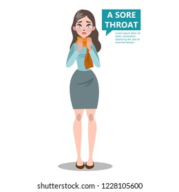 Sad woman with a pain in throat. Symptom of flu or virus infection. Girl with sore throat. Flat vector illustration
