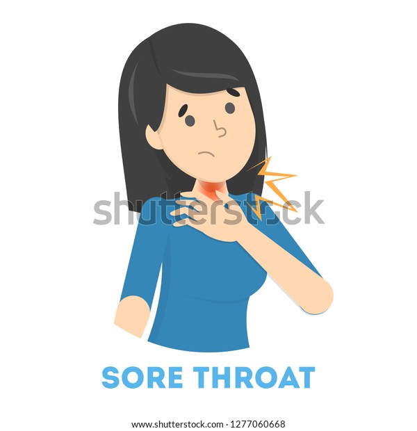 喉に痛みを持つ悲しい女性 インフルエンザやウイルス感染の症状 喉が痛い女の子 平らなベクター画像イラスト のベクター画像素材 ロイヤリティフリー