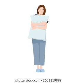 Sad woman in pajamas hugs a pillow, seeking comfort and warmth in solitude. Flat vector illustration isolated on white background