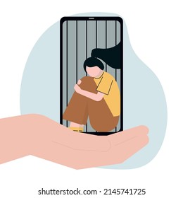 Sad woman with phone addiction. Lady sits behind bars. Female user addicted to virtual reality. Bad habit and unhealthy lifestyle. Idea of medical treatment for addicted people. Vector illustration