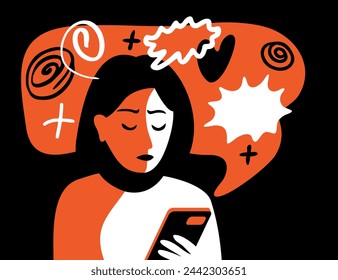 Sad woman with phone is reading some negative message or dislike. Anxiety and mental problems concept in high contrast