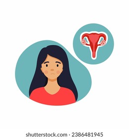 Sad woman with polycystic ovaries. Illustration on topic of medicine and women health. Problems with menstruation and ovulation. Pregnancy and infertility.