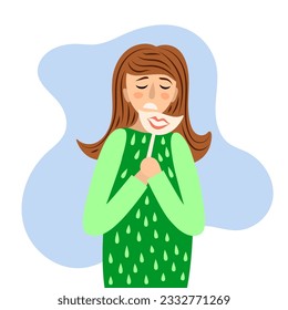 Sad woman pretend to be cheerful, hiding real feelings. Human with emotion mask. Social norm and pressure. Mental health and psychological problem. Cartoon flat vector illustration.