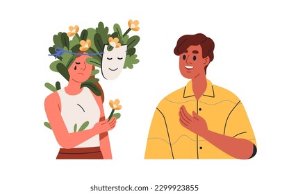 Triste mujer fingiendo feliz, todo está bien. Una persona infeliz que esconde emociones realmente molestas, sentimientos, disfrazada con una falsa máscara sonriente. Ilustración vectorial gráfica plana aislada en fondo blanco