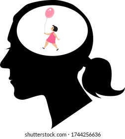 Sad woman profile with a happy little girl inside her head, as a memory of childhood, EPS 8 vector illustration