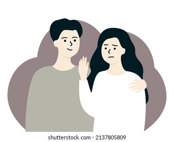 Sad Woman Pushing Man Away,  Raising Hand Showing Sign Of Rejection. Unhealthy Couple Relationship, Destroyed Love, Divorce, Violence, Dating Concept For Banner, Web, App. Flat People Vector Design.