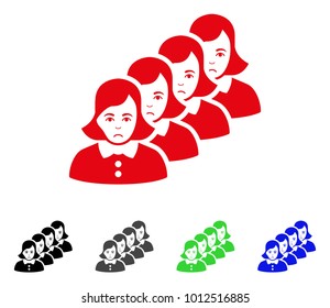 Sad Woman Queue vector icon. Vector illustration style is a flat iconic woman queue symbol with grey, black, blue, red, green color versions. Face has sadly expression.