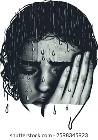 Sad Woman in the Rain Vector Illustration.