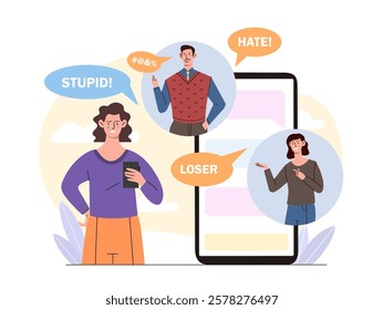 Sad woman reading insults on a smartphone, surrounded by speech bubbles with negative words, highlighting online bullying. Flat graphic on a neutral background. Vector illustration