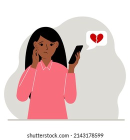 Sad woman reading a message on his mobile phone. Message with a broken red heart. Vector flat illustration