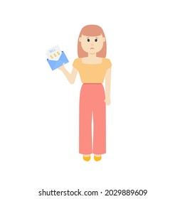 Sad Woman Receiving Medical Invoice For Treatment And Health Care Expenses. Young Female Student With Taxes Payment, Student Debt Receipt. Finance Concept. Cartoon Character Vector Illustration.