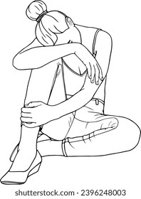 Sad woman resting sitting on the floor and putting her face on her knees, vector linear illustration