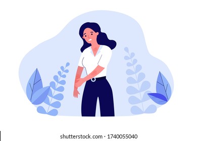 Sad woman scratching skin. Female character suffering from strong eczema or allergy. Vector illustration for disease, dermatology, sickness, symptoms concept