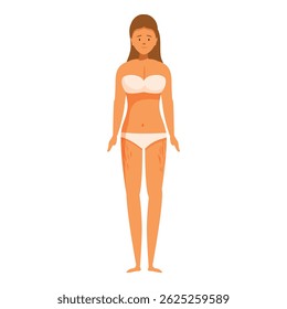 Sad woman showing stretch marks on her legs and body, concept of body positivity and self acceptance
