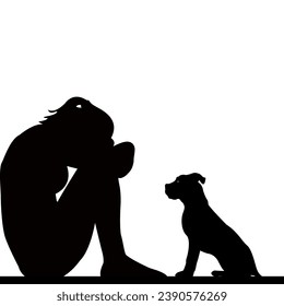 Sad woman silhouette with dog